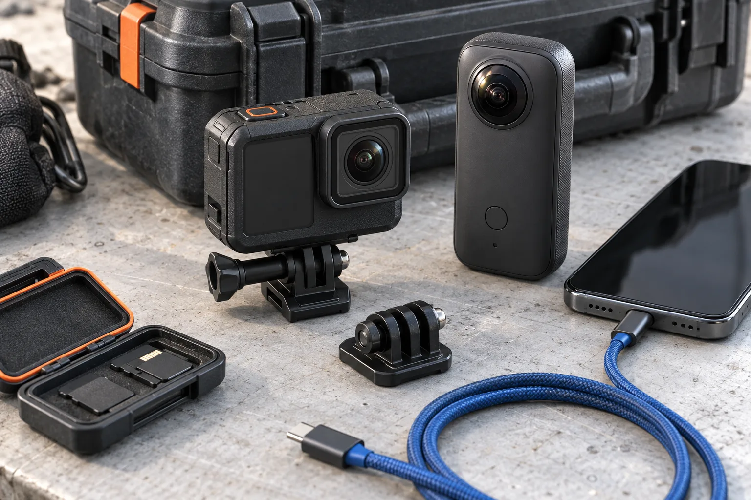 GearCurrent illustration of action cameras, mounts, storage, a phone, and a transfer cable arranged as one capture system