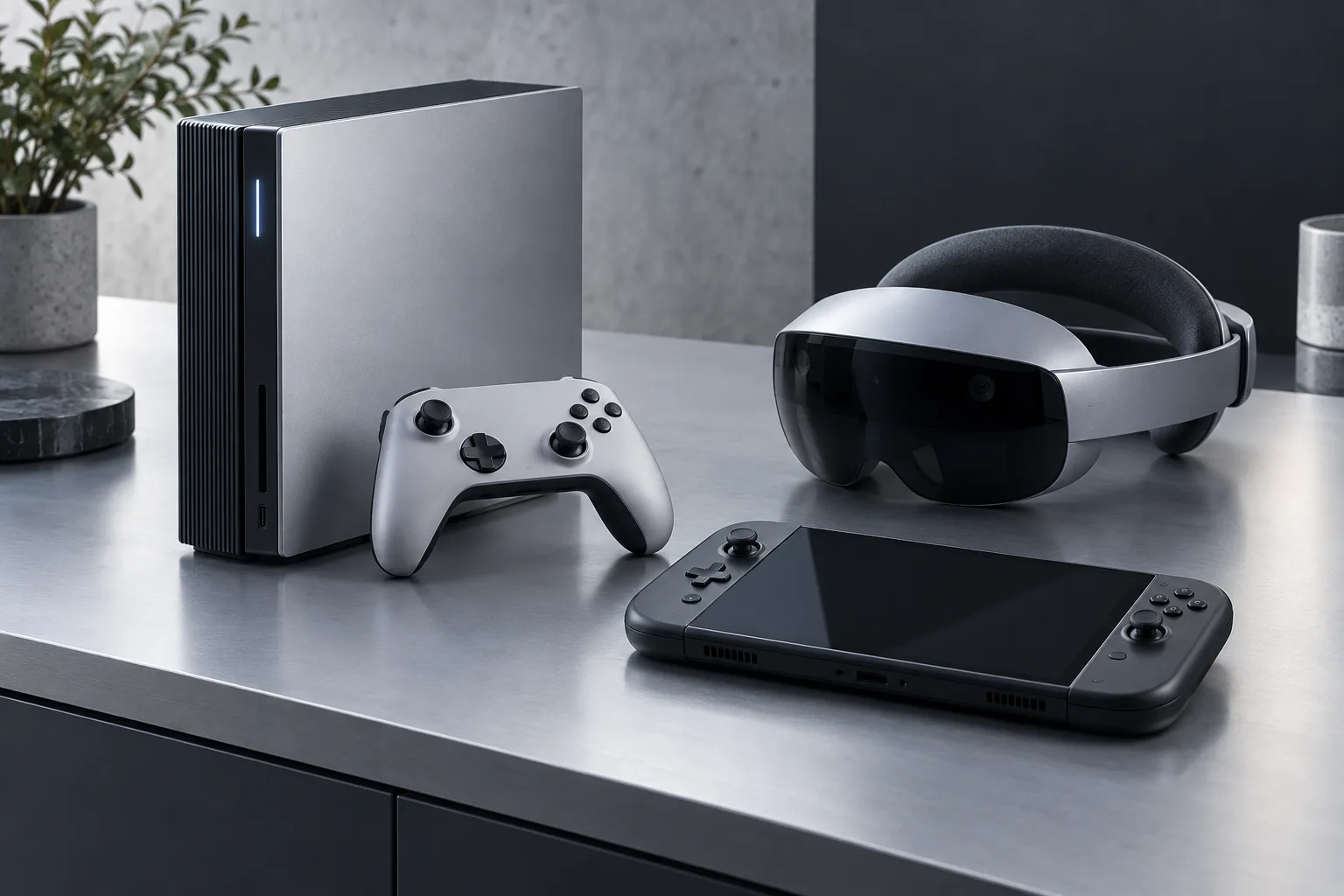 GearCurrent illustration of a console, controller, handheld, and mixed-reality headset arranged as one gaming system