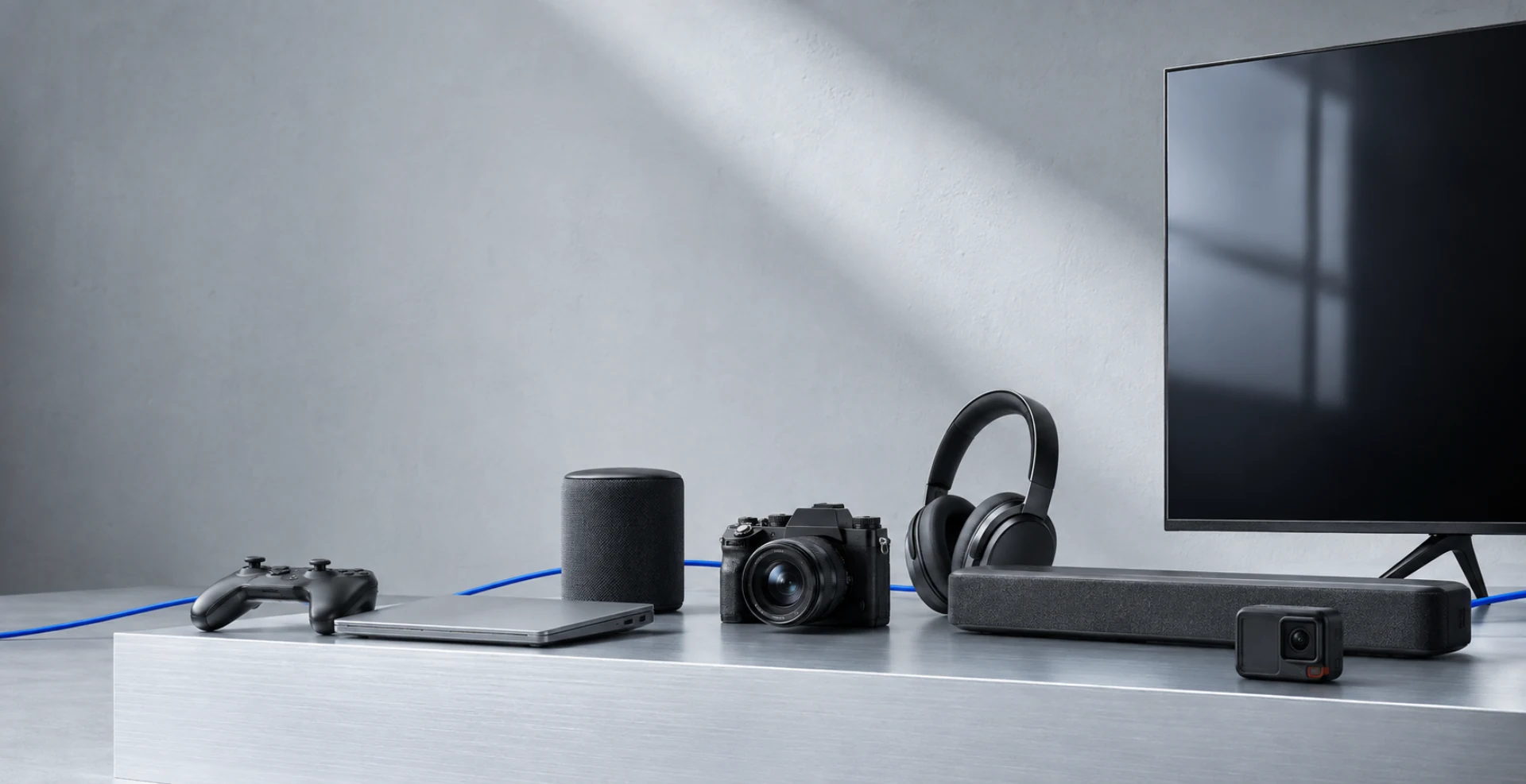 A television, soundbar, camera, action camera, laptop, game controller, headphones, and speaker connected as one consumer electronics system