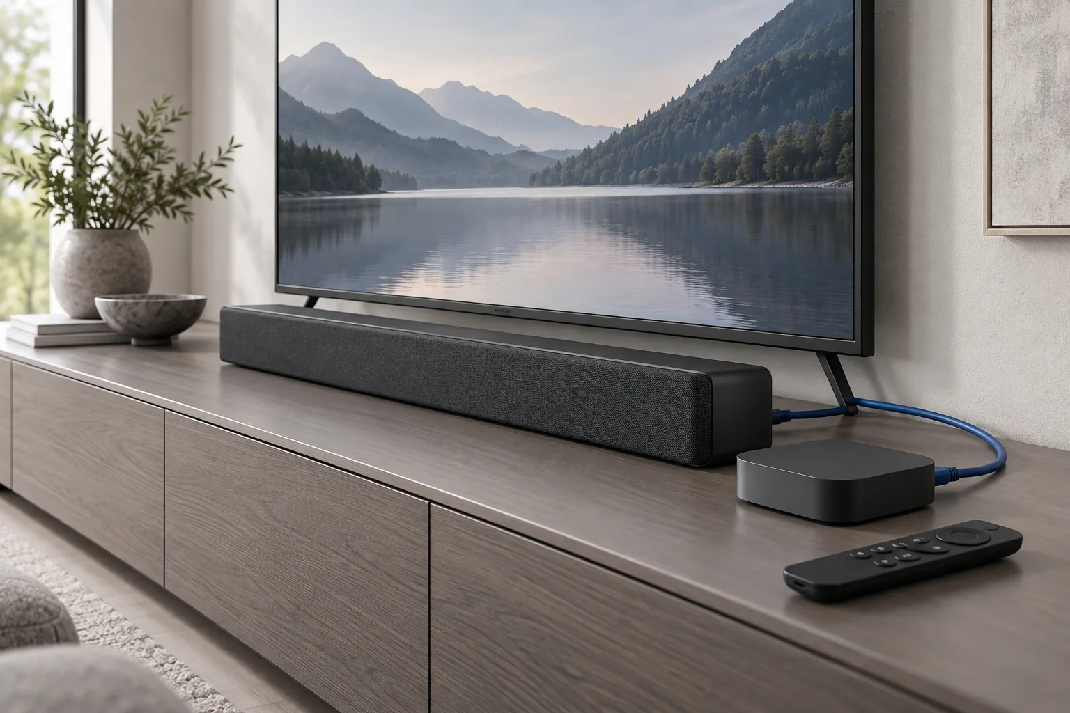 GearCurrent illustration of a television, soundbar, streamer, remote, and HDMI connection arranged as one living room system