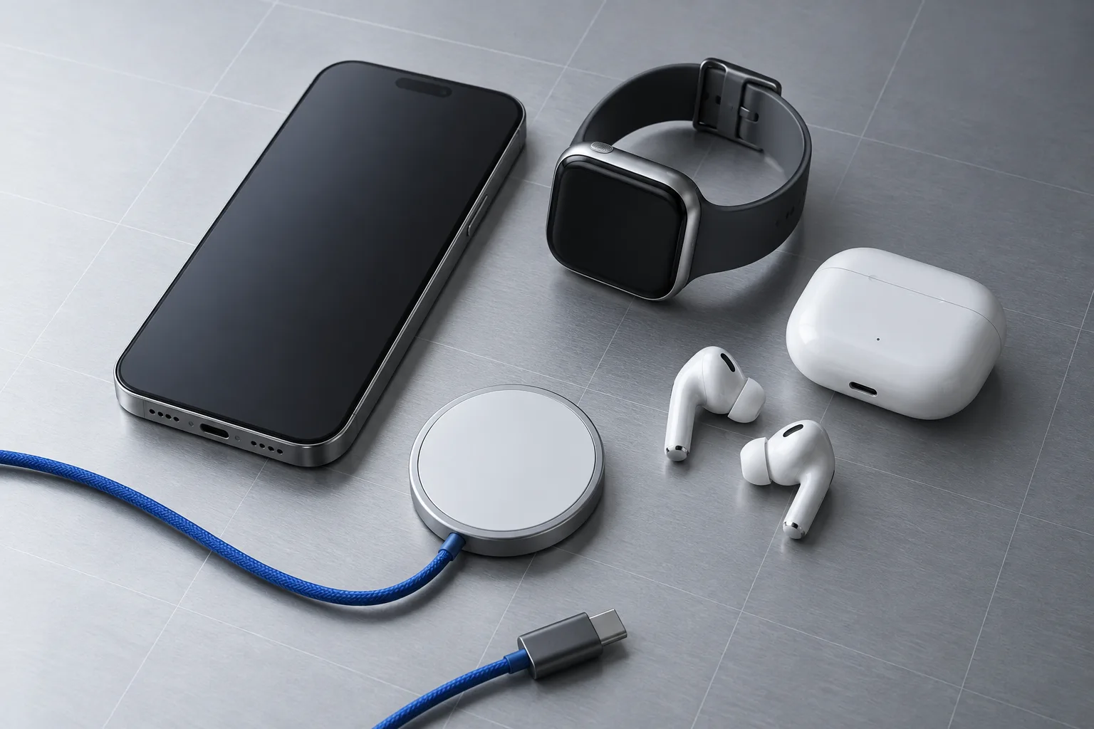 GearCurrent illustration of a phone, watch, earbuds, and charging accessories arranged as one personal device system