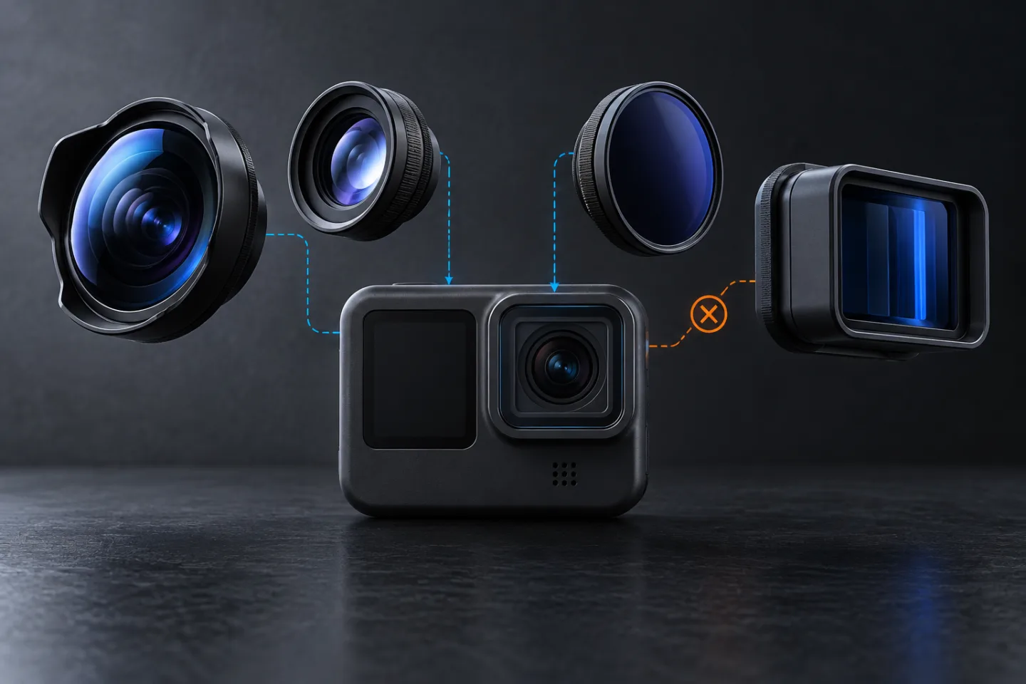 Conceptual action-camera lens system with several optical accessories and one mismatched part