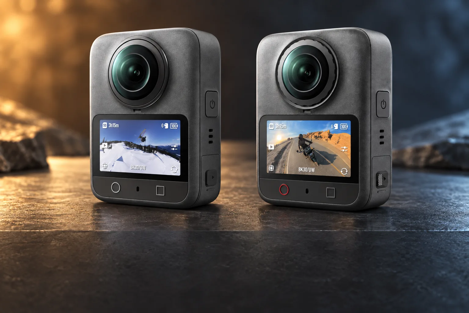 Original Osmo 360 on the left and Osmo 360 II on the right, showing their different lens surrounds; maintenance, recording and storage facts follow.