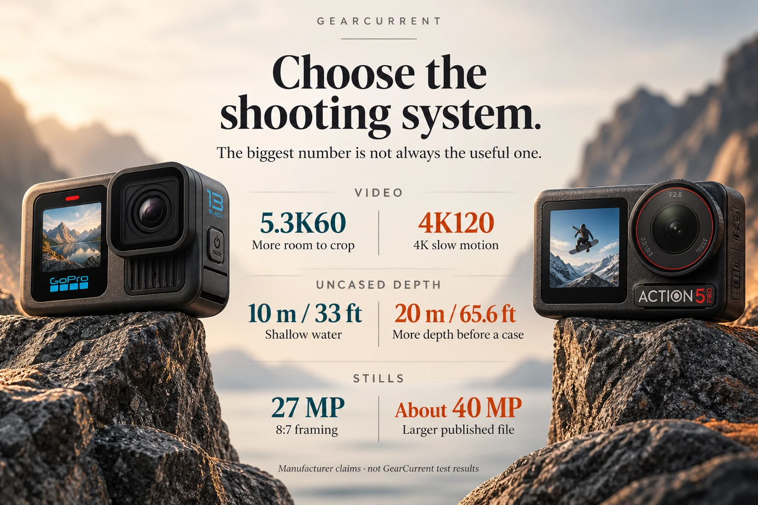 Choose the shooting system, not the biggest number.. Official GoPro and DJI product images identify the two cameras. Values come from each maker’s current specifications; they are not GearCurrent field-test results.