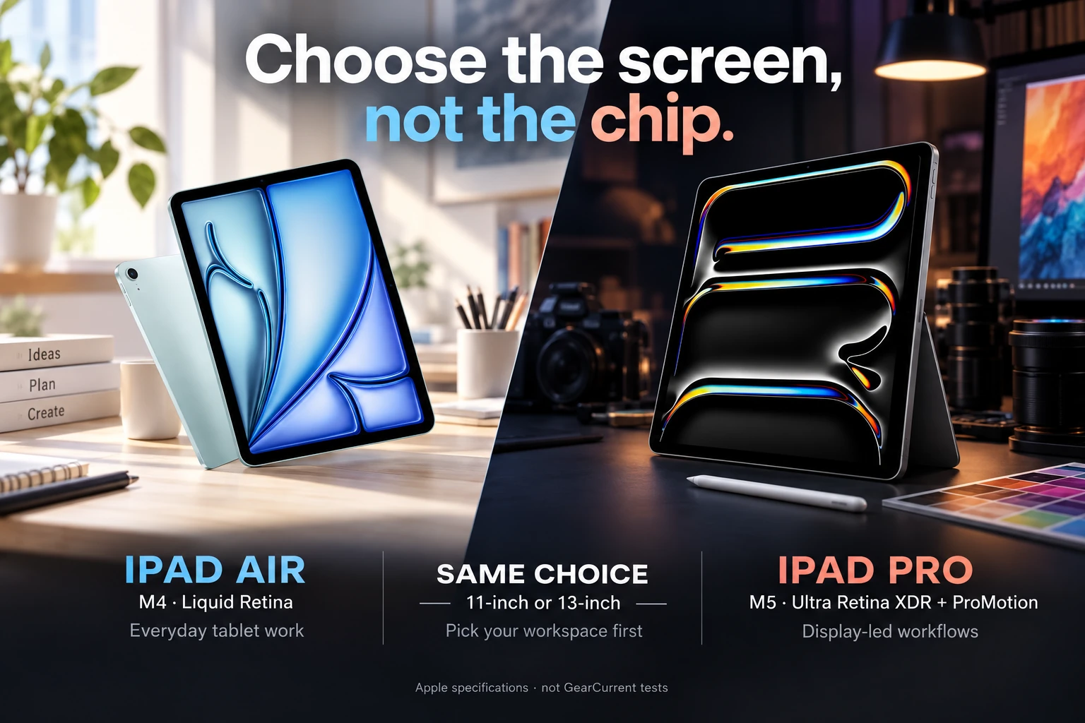 The screen is the decision; the chip is not the whole story.. Official product images show the two choices. Labels describe published capabilities and their practical effect; they are not a GearCurrent benchmark.