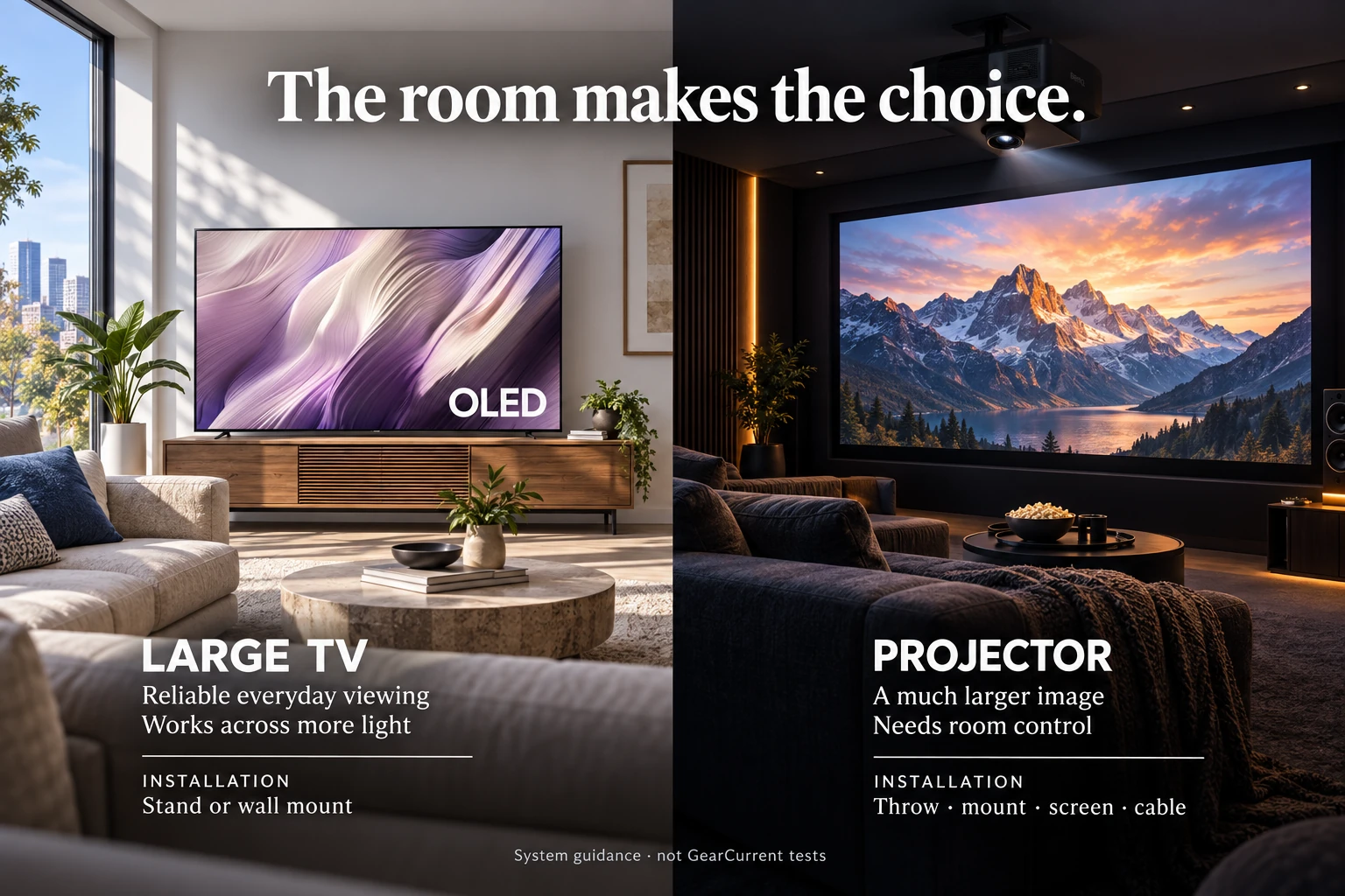 The room makes the winner.. Official product images show the two choices. Labels describe published capabilities and their practical effect; they are not a GearCurrent benchmark.
