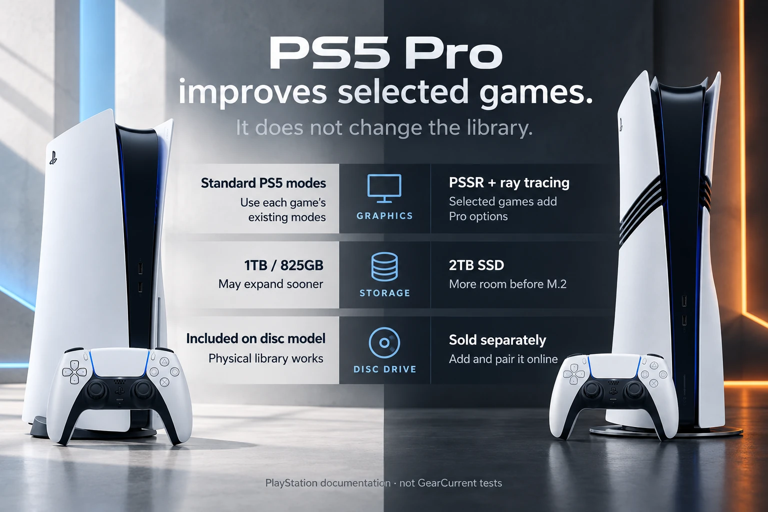PS5 Pro improves selected games, not the game library.. Official PlayStation product images identify the slim PS5 and PS5 Pro. They do not prove a visible graphics difference in every game.