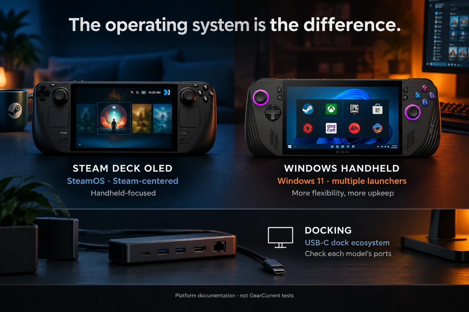 The operating system is the biggest hardware difference.. Official product images show the two choices. Labels describe published capabilities and their practical effect; they are not a GearCurrent benchmark.