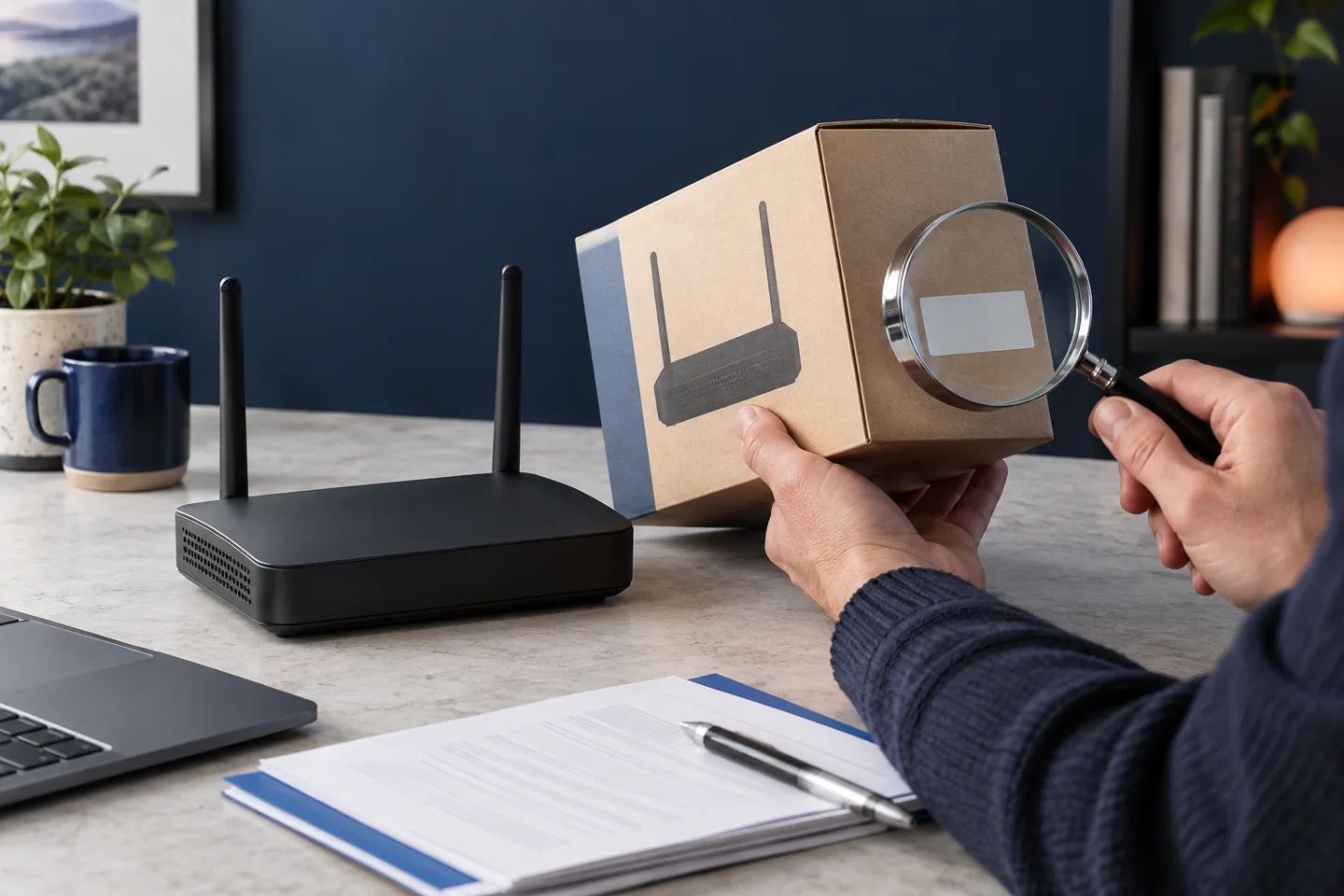 A shopper compares a router and its box while inspecting the product label with a magnifying glass