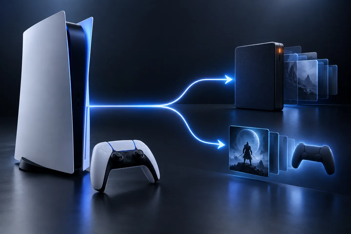 Conceptual illustration of a game console separating an external USB archive from playable storage