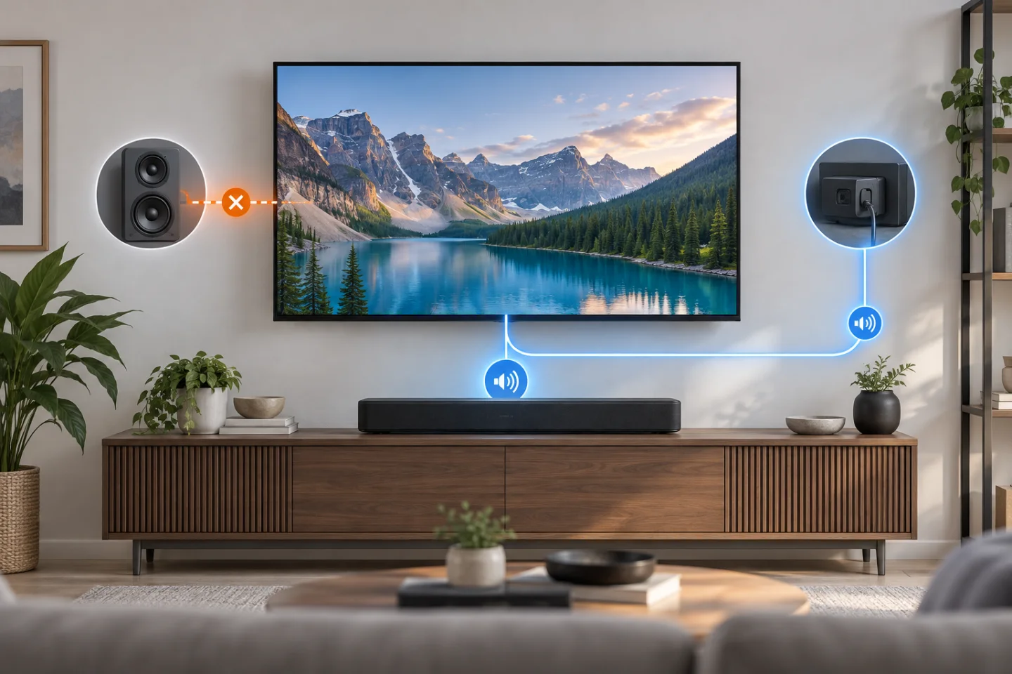 Conceptual television audio routes to internal speakers, an HDMI soundbar, and an optical audio device